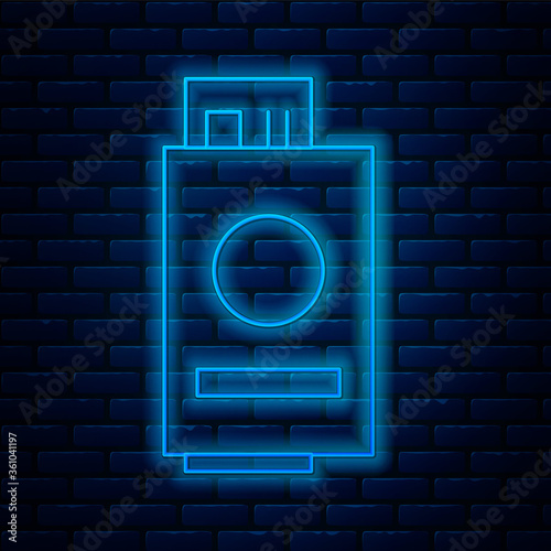Glowing neon line Passport with ticket icon isolated on brick wall background. Identification Document. Concept travel and tourism. Vector Illustration.
