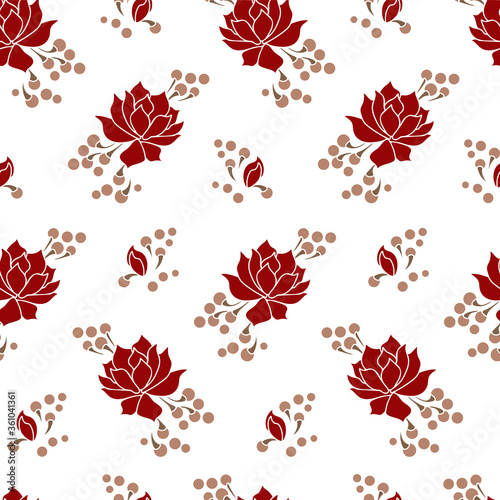 Red water lilies plants on white background. Seamless pattern. Vector illustration.