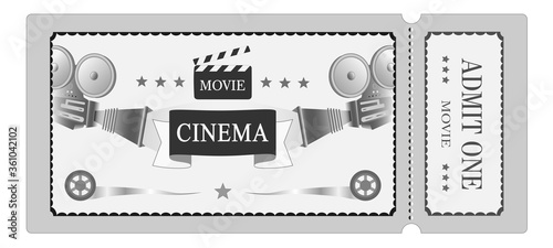 Vector illustration. Retro vintage movie ticket in black and white. Banner, template, poster cinema