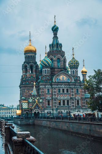 Temple of Our Saviour on Spilled Blood in St. Petersburg. Rainy day. Church