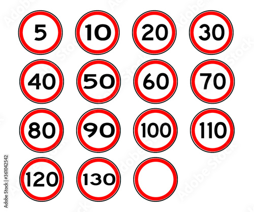 High quality vector flat style of speed limits with red circle, black number and black margin with Highway Gothic font style