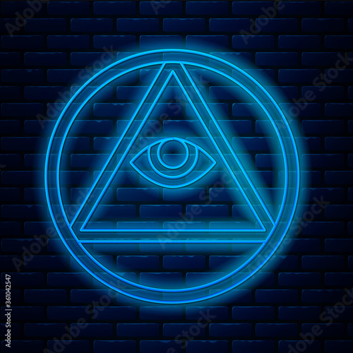 Glowing neon line Masons symbol All-seeing eye of God icon isolated on brick wall background. The eye of Providence in the triangle. Vector Illustration.
