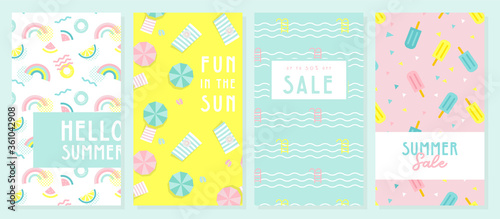 Design banner and card for summer season. Abstract geometric background with summer fruit, tropical leafs and beach scene. summer sale and summer text on modern texture backdrop. Vector illustration