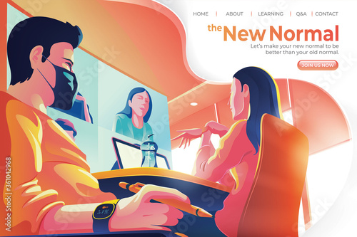 A vector illustration featuring online conference following the new normal or social distancing protocol in workplace meeting and conference room