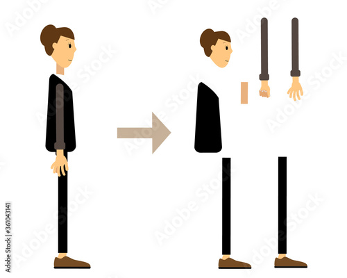 Business lady. The character is ready for gait animation. Side view.