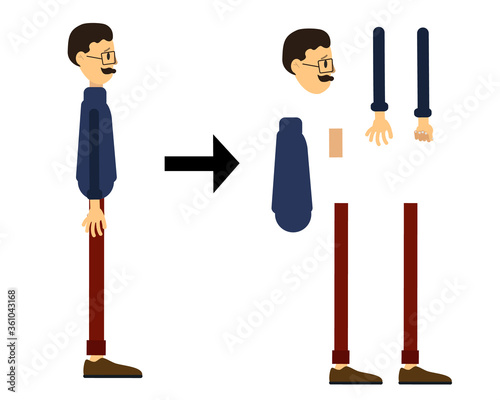 Cartoon character with glasses. The character is ready for gait animation.