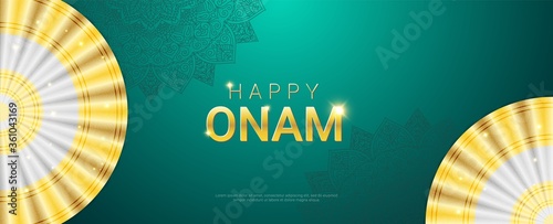 Happy Onam sparkling gold tagline horizontal banner template. Harvest Hindu festival celebrated in memory of King Mahabali. Traditional Thiruvathirakali dance white and gold sari and mandala ornament.
