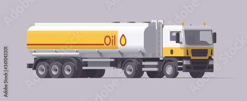Semi truck carrying oil tank trailer. Isolated european tractor. Vector illustration