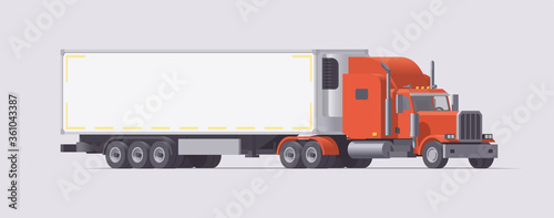 Semi truck carrying refrigerator trailer. Isolated american retro tractor. Vector illustration