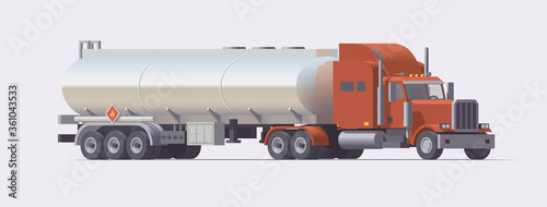 Semi truck carrying gasoline tank trailer. Isolated american retro tractor. Vector illustration
