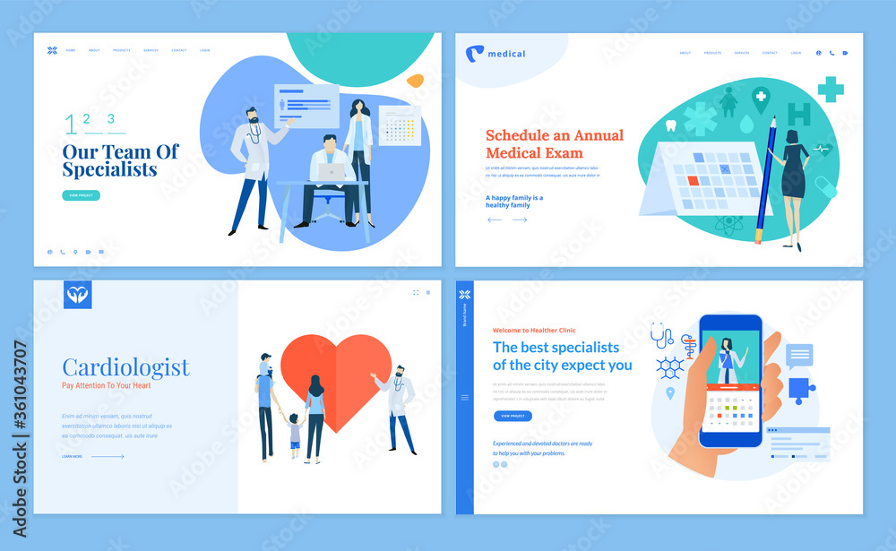 Set of web page design templates on medicine and health care. Vector illustrations for website design and development.