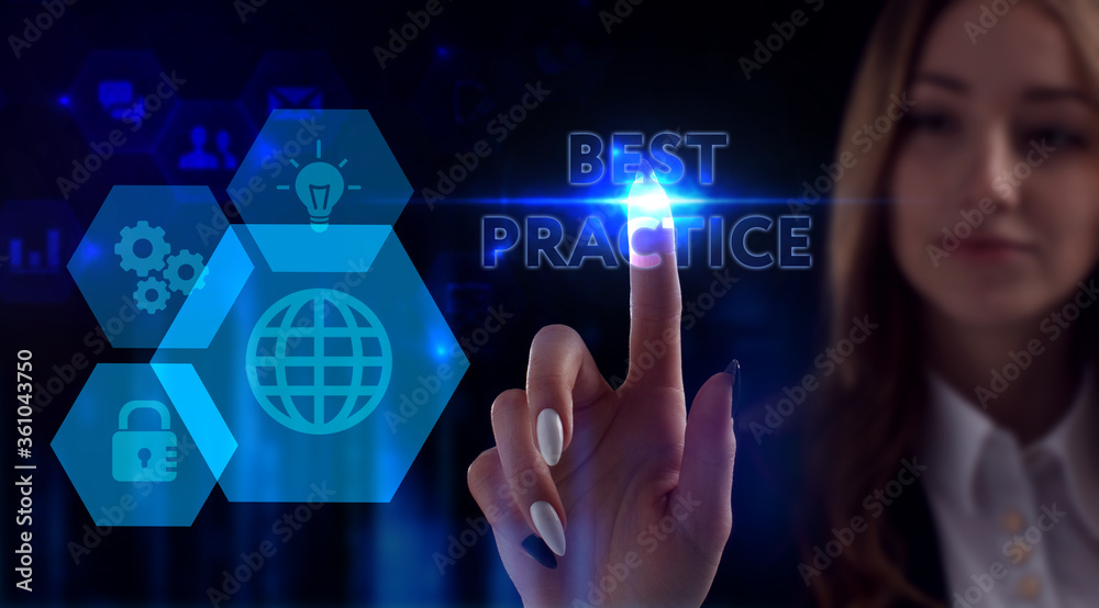Business, Technology, Internet and network concept. Young businessman working on a virtual screen of the future and sees the inscription: Best practice Business, Technology, Internet and network concept. Young businessman working on a virtual screen of the future and sees the inscription: Best practice