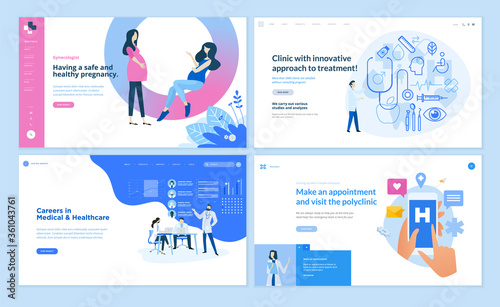 Set of web page design templates on medicine and health care. Vector illustrations for website design and development.