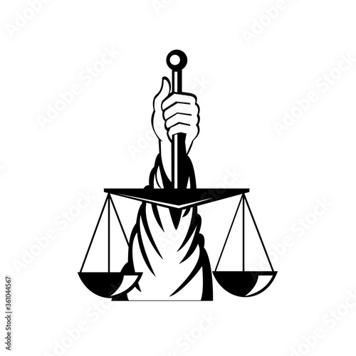 Hand of Lady of Justice Holding Weighing Scale Retro Black and White