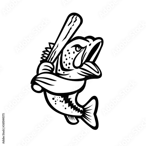 Largemouth Bass With Baseball Bat Batting Mascot Black and White