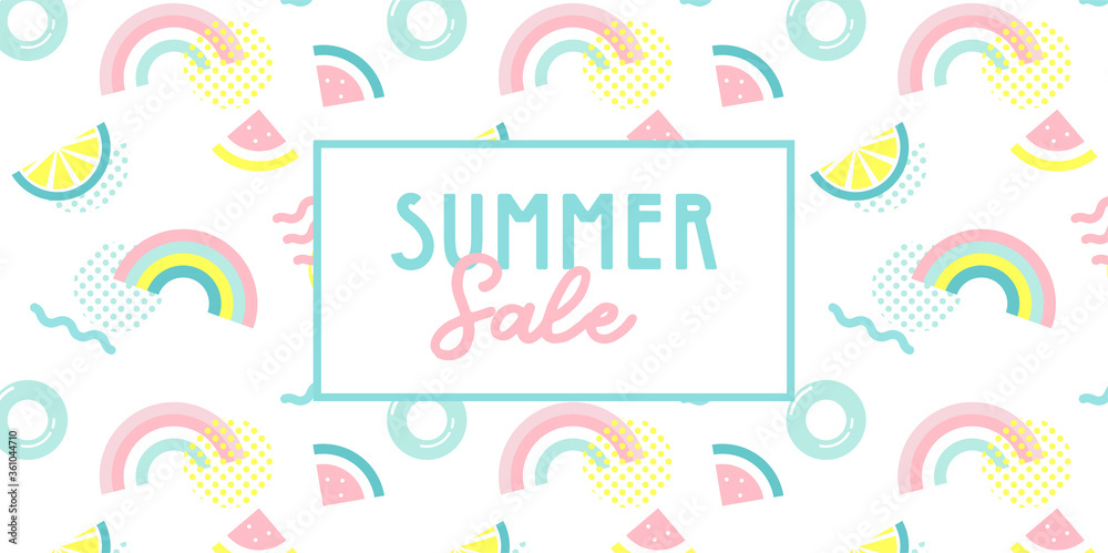 Promo web banner template for summer sale. Summer funny wallpaper in memphis style. Fashionable styling template with watermelon, lemon and rainbow. vector design.