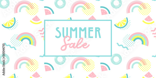 Promo web banner template for summer sale. Summer funny wallpaper in memphis style. Fashionable styling template with watermelon, lemon and rainbow. vector design.