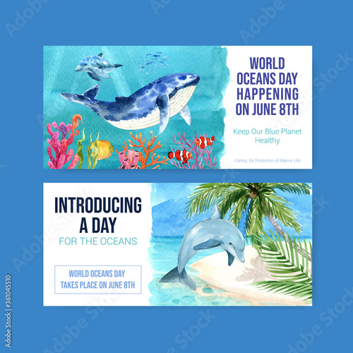 Billboard template design for World Oceans Day concept with marine animals watercolor vector