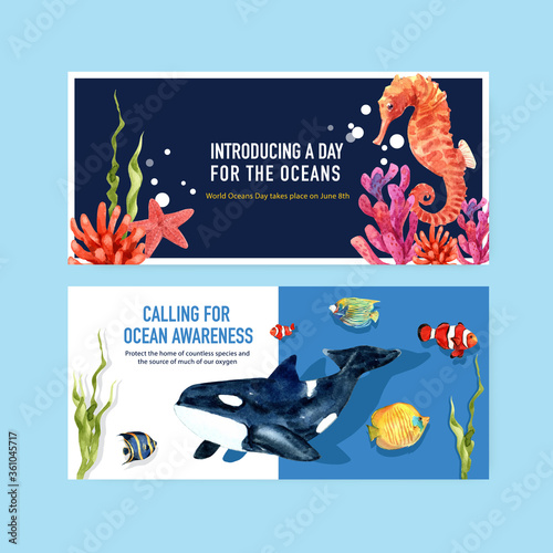 Billboard template design for World Oceans Day concept with marine animals watercolor vector