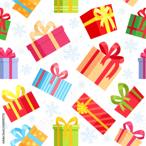 Vector seamless pattern of Christmas colorful gift boxes, wrapped presents. Cartoon pattern in flat style for fabric print, wrapping paper design. Background for Christmas, Birthday, Valentine day.