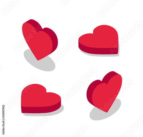 Set of isometric red heart icons isolated on white background. - Vector
