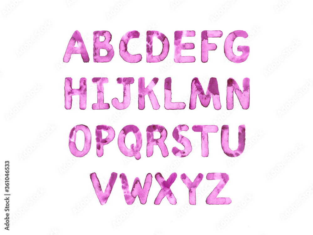 Hand drawn watercolor lettering set of English alphabet. Pink marble letters on isolated background. Handwritten Latin letters. Great for postcards, posters, greeting cards, comics, cartoons.