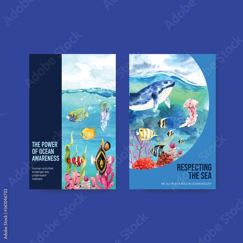 Ebook template design for World Oceans Day concept with marine animals watercolor vector