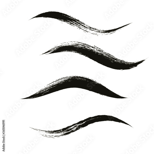 Makeup strokes, Set of mascara smudge, makeup eye pencil swatches, Beauty and cosmetic black brush smudges vector background. smear make up lines collection, liquid make up texture isolated on white.