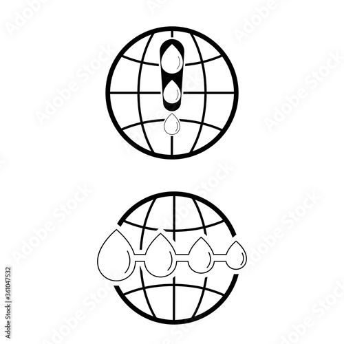 Water drops become smaller and fewer on globe line black icon. World facing water shortage warning. Vector illustration outline flat design style.    