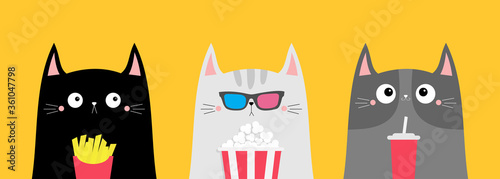 Cat set. Popcorn, soda, french fries. Cinema theater. Cute cartoon funny character. Film show. Kitten in 3D glasses watching movie. Kids print for notebook cover. Yellow background. Flat design
