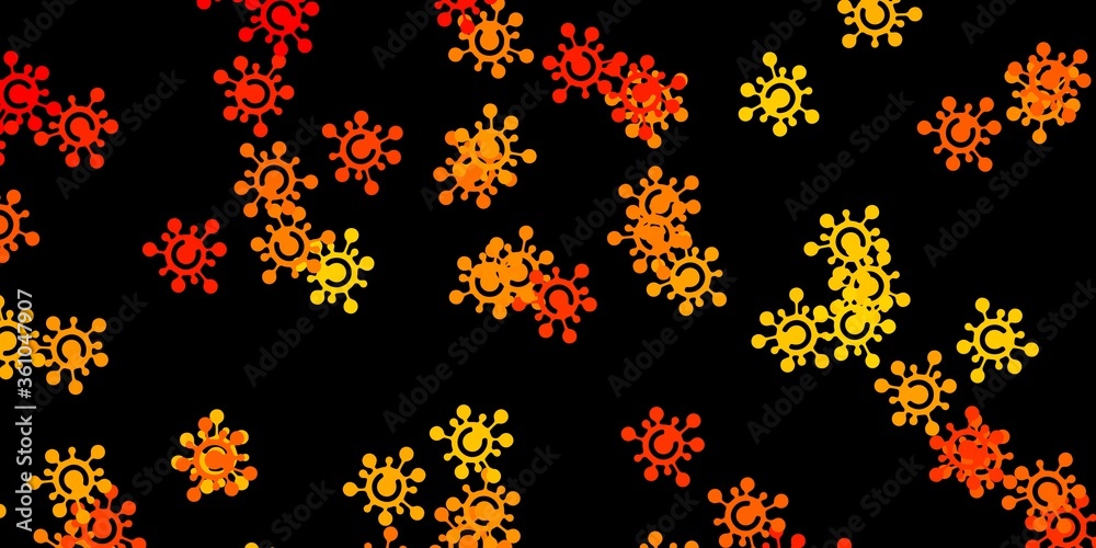Dark orange vector background with covid-19 symbols.