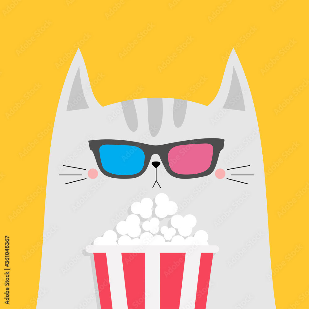 White cat and popcorn. Cinema theater. Cute cartoon funny character. Film show. Kitten watching movie in 3D glasses. Kids print for tshirt notebook cover. Yellow background. Isolated. Flat design Stock Vector | White cat and popcorn. Cinema theater. Cute cartoon funny character. Film show. Kitten watching movie in 3D glasses. Kids print for tshirt notebook cover. Yellow background. Isolated. Flat design Stock Vector |