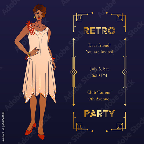 Art Deco vintage invitation with elegant woman. Cover, square banner or greeting card a-la Roaring 20s. Golden geometric frame, copy space and illustration of stylish lady. Also for social media post