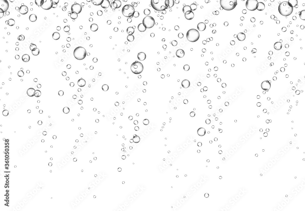 Bubbles underwater texture isolated on white background. Vector fizzy air, gas or oxygen under water. Realistic champagne drink, soda effect template
