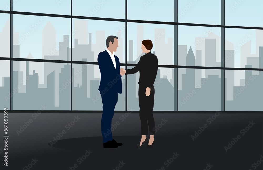business handshake agreement concept businessman woman hand shake partnership communication modern office interior male female cartoon character flat  horizontal .