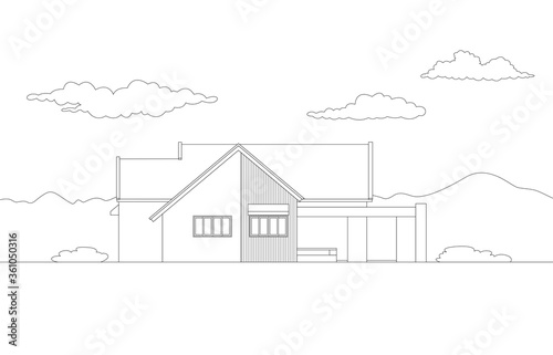 Vector side view of tropical modern house exterior.Single floor one story house .drawing line.