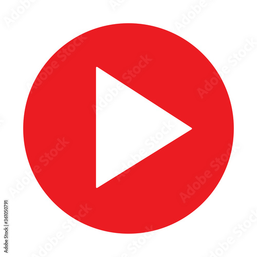 Red play button. Vector icon isolated on white background. Trendy circle play button icon in flat style. Template for radio symbol, video player, arrow design, app, and media logo. Vector illustration