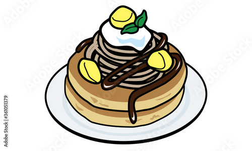 お皿に乗った栗とモンブランのパンケーキ