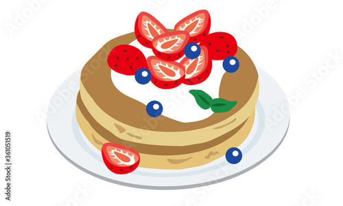 お皿に乗ったブルーベリーといちごのパンケーキ