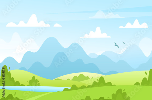 Vector illustration of spring summer fields landscape with trees, brush, mountains, walkway, blue sky, hills and lake. Beautiful green park background for banner, poster. Cartoon park in flat style.