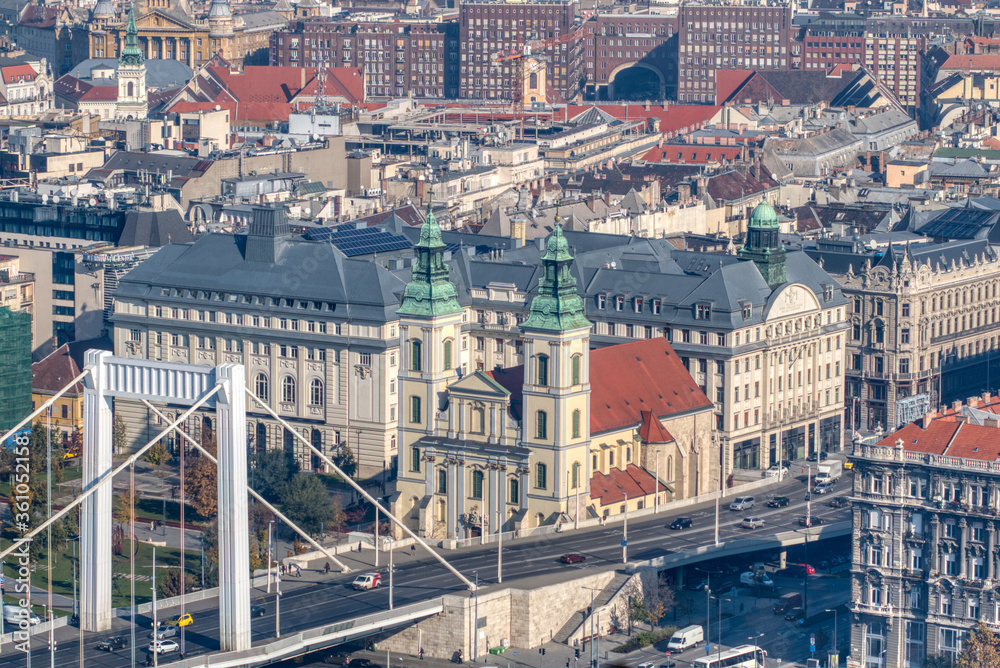 Historical part of city Budapest, Hungary with old buildings and Elisabeth Bridge.