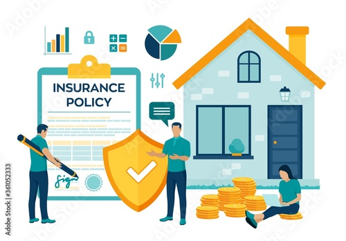 House Insurance concept. House insurance business services. Residential home real estate protection. Safety security shield. Colourful flat style vector illustration with characters and icons.
