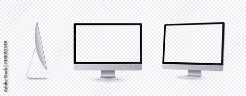 Personal computer mockup in front, side and angle view. Silver modern flat monitor for business presentation or website design show. Empty screen device set template, 3d vector illustration.