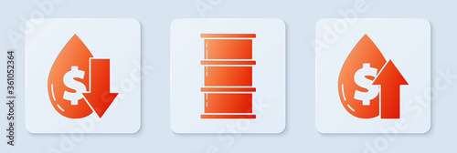 Set Barrel oil, Drop in crude oil price and Oil price increase. White square button. Vector.