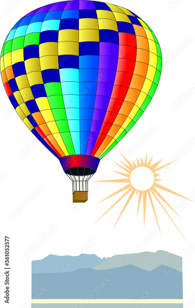 Fototapeta premium colorful balloon flying over the mountains in front of the sun