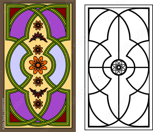 Stained glass window in a modern style. game of multi-colored glasses, abstract illustration, forged elements. Vector graphics, pattern