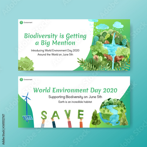 Billboard template design for World Environment Day.Save Earth Planet World Concept with ecology friendly watercolor vector