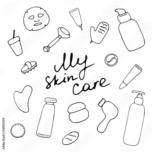 My skin care. Cosmetic products and accessories. Beauty icons for digital and print. Hand drawn vector graphic