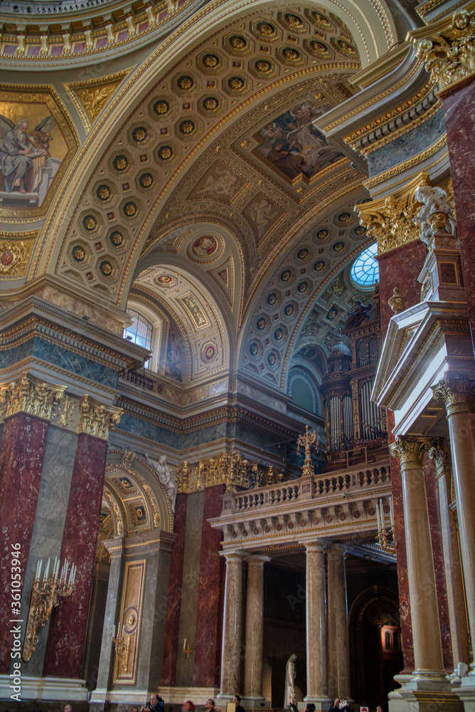 Architectural style of beautiful interior of Catholic Cathedral with decoration in Budapest.