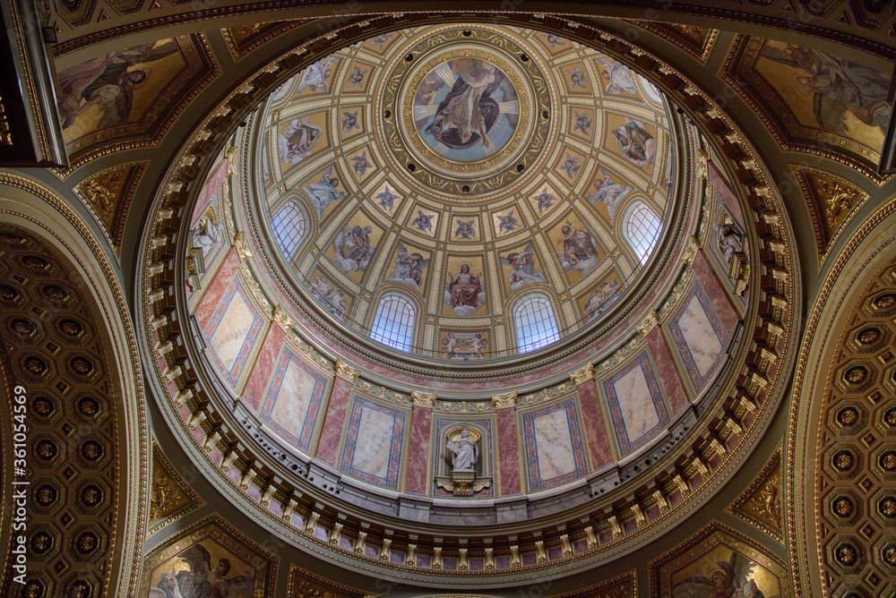Wonderful paintings, murals and frescoes on the Dome of Catholic Cathedral in Budapest.
